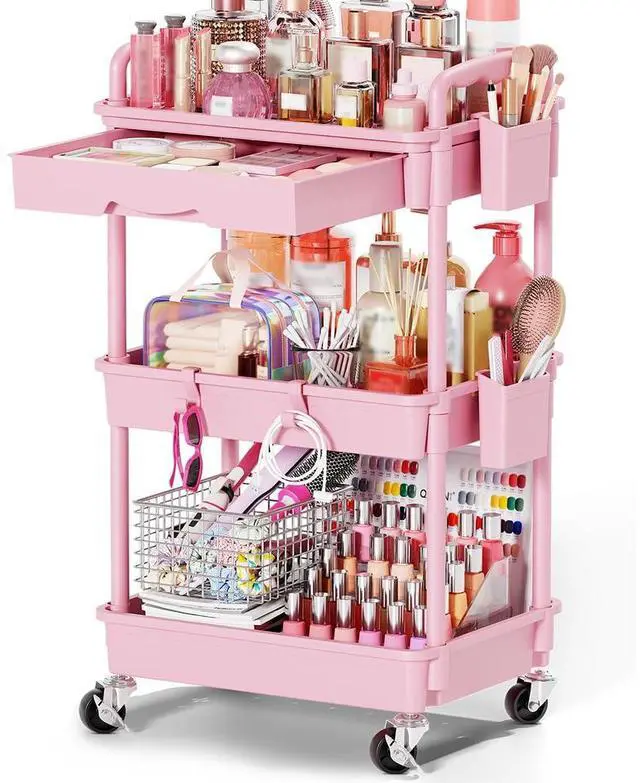 Main image of Rolling Makeup Organizer Cart with Removable Drawer, 3 Tier Pink | Stable Floor Skincare Storage Cart for Vanity, Cosmetic Display, Nail Polish, Perfume, Hair Stuff, Beauty, Bathroom(Plastic)