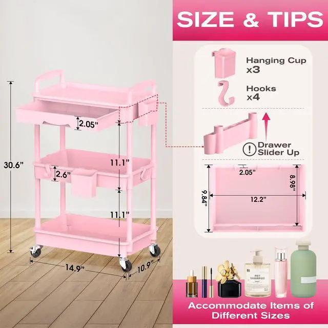 Alt view image 2 of 7 - Rolling Makeup Organizer Cart with Removable Drawer, 3 Tier Pink | Stable Floor Skincare Storage Cart for Vanity, Cosmetic Display, Nail Polish, Perfume, Hair Stuff, Beauty, Bathroom(Plastic)