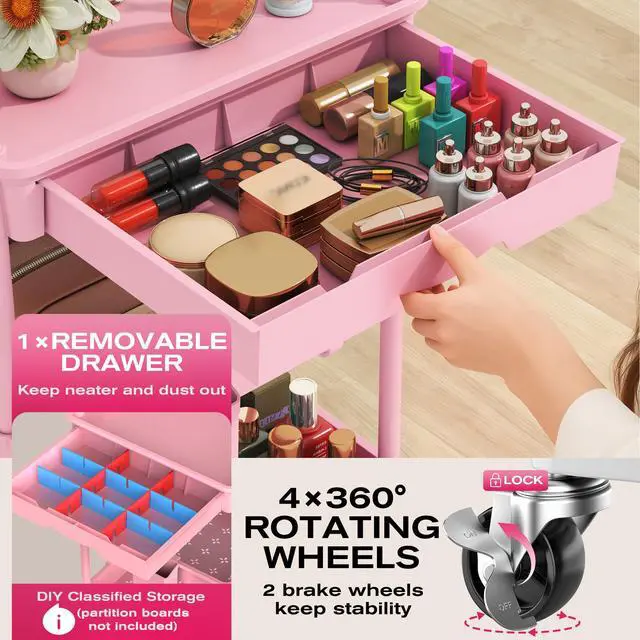 Alt view image 3 of 7 - Rolling Makeup Organizer Cart with Removable Drawer, 3 Tier Pink | Stable Floor Skincare Storage Cart for Vanity, Cosmetic Display, Nail Polish, Perfume, Hair Stuff, Beauty, Bathroom(Plastic)