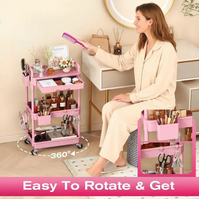 Alt view image 5 of 7 - Rolling Makeup Organizer Cart with Removable Drawer, 3 Tier Pink | Stable Floor Skincare Storage Cart for Vanity, Cosmetic Display, Nail Polish, Perfume, Hair Stuff, Beauty, Bathroom(Plastic)
