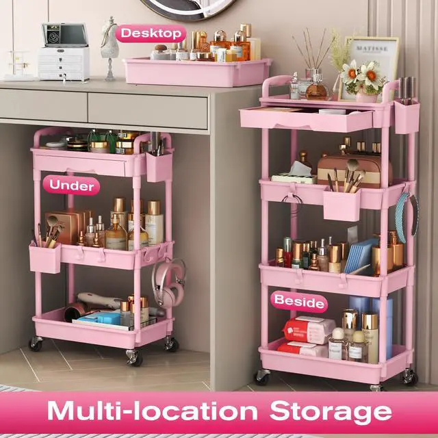 Alt view image 6 of 7 - Rolling Makeup Organizer Cart with Removable Drawer, 3 Tier Pink | Stable Floor Skincare Storage Cart for Vanity, Cosmetic Display, Nail Polish, Perfume, Hair Stuff, Beauty, Bathroom(Plastic)
