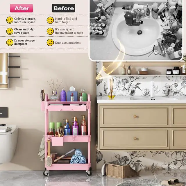 Alt view image 7 of 7 - Rolling Makeup Organizer Cart with Removable Drawer, 3 Tier Pink | Stable Floor Skincare Storage Cart for Vanity, Cosmetic Display, Nail Polish, Perfume, Hair Stuff, Beauty, Bathroom(Plastic)