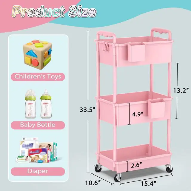 Alt view image 2 of 7 - Baby Diaper Caddy Cart, 3 Tier Rolling Diaper Cart for Nursery,Pink | Large Capacity & Easy Assemble Diaper Storage Organizer with Lockable Wheels for Newborn, New Mom, Baby Girl Boy Essentials