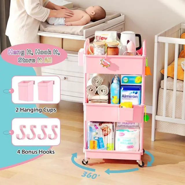 Alt view image 4 of 7 - Baby Diaper Caddy Cart, 3 Tier Rolling Diaper Cart for Nursery,Pink | Large Capacity & Easy Assemble Diaper Storage Organizer with Lockable Wheels for Newborn, New Mom, Baby Girl Boy Essentials