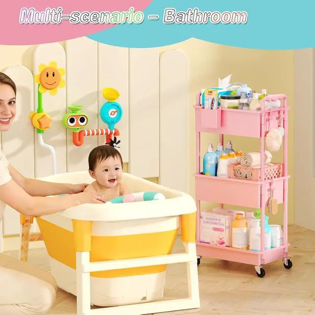 Alt view image 7 of 7 - Baby Diaper Caddy Cart, 3 Tier Rolling Diaper Cart for Nursery,Pink | Large Capacity & Easy Assemble Diaper Storage Organizer with Lockable Wheels for Newborn, New Mom, Baby Girl Boy Essentials
