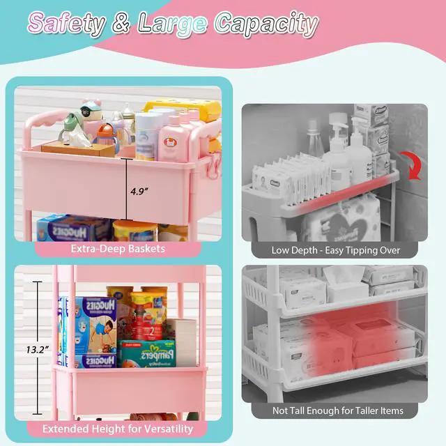 Alt view image 3 of 7 - Baby Diaper Caddy Cart, 3 Tier Rolling Diaper Cart for Nursery,Pink | Large Capacity & Easy Assemble Diaper Storage Organizer with Lockable Wheels for Newborn, New Mom, Baby Girl Boy Essentials