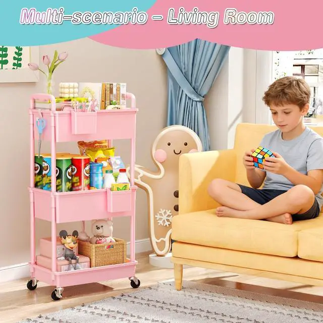 Alt view image 6 of 7 - Baby Diaper Caddy Cart, 3 Tier Rolling Diaper Cart for Nursery,Pink | Large Capacity & Easy Assemble Diaper Storage Organizer with Lockable Wheels for Newborn, New Mom, Baby Girl Boy Essentials