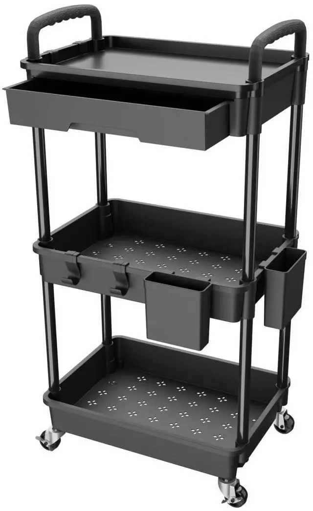 Main image of 3 Tier Rolling Utility Cart with Drawer,REBECAT Utility Cart Made of Multifunctional Storage Organizer Tool for Kitchen,Bathroom,Living Room,Office(Black)