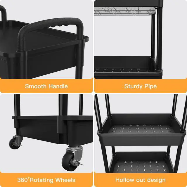 Alt view image 2 of 6 - 3 Tier Rolling Utility Cart with Drawer,REBECAT Utility Cart Made of Multifunctional Storage Organizer Tool for Kitchen,Bathroom,Living Room,Office(Black)