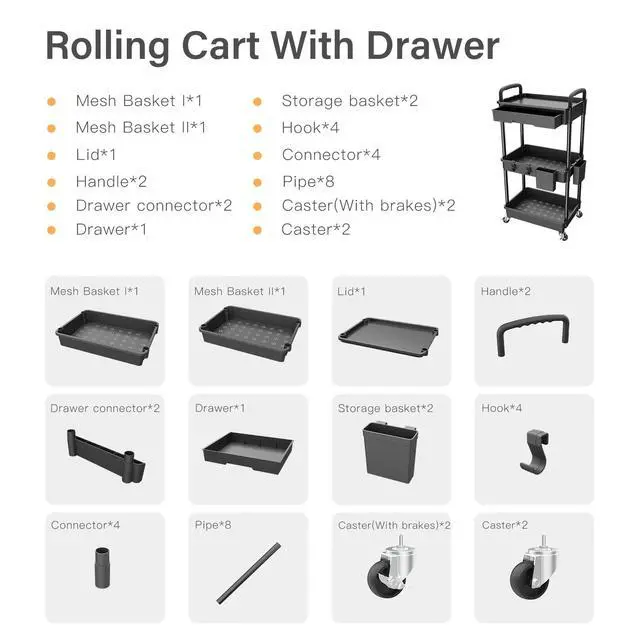 Alt view image 4 of 6 - 3 Tier Rolling Utility Cart with Drawer,REBECAT Utility Cart Made of Multifunctional Storage Organizer Tool for Kitchen,Bathroom,Living Room,Office(Black)