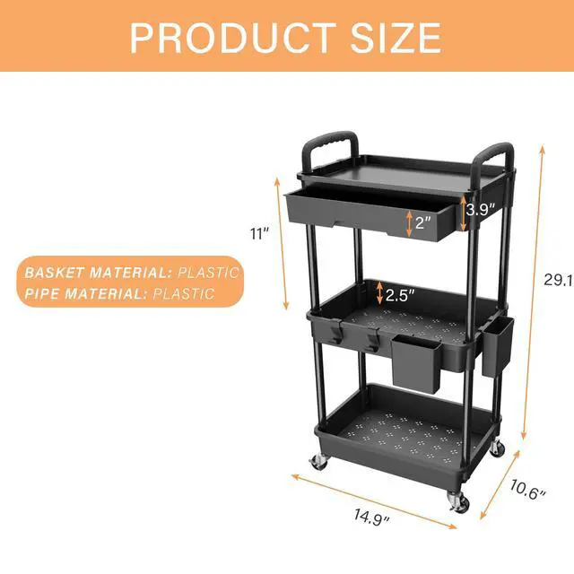 Alt view image 5 of 6 - 3 Tier Rolling Utility Cart with Drawer,REBECAT Utility Cart Made of Multifunctional Storage Organizer Tool for Kitchen,Bathroom,Living Room,Office(Black)