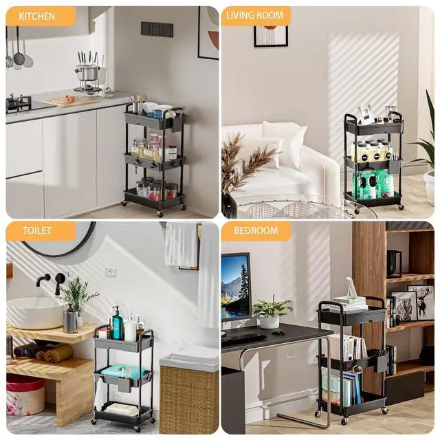 Alt view image 6 of 6 - 3 Tier Rolling Utility Cart with Drawer,REBECAT Utility Cart Made of Multifunctional Storage Organizer Tool for Kitchen,Bathroom,Living Room,Office(Black)