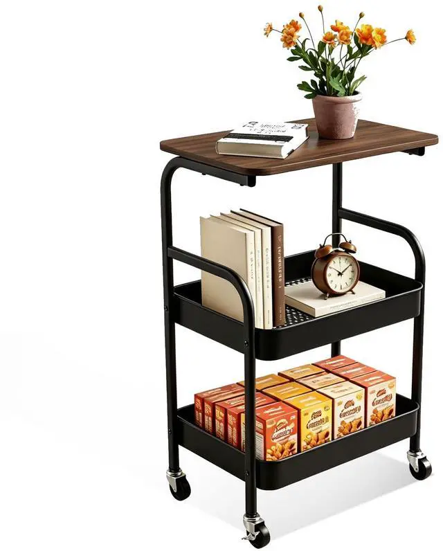 Main image of 3 Tier Rolling Cart with Walnut Table Top, Sturdy Metal Storage Cart with Lockable Wheels, Multi-Purpose Mobile Shelf for Kitchen, Bedroom, Snacks, Coffee, Craft, Makeup, Garage (Black)