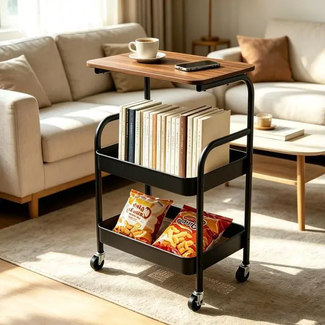 Alt view image 4 of 7 - 3 Tier Rolling Cart with Walnut Table Top, Sturdy Metal Storage Cart with Lockable Wheels, Multi-Purpose Mobile Shelf for Kitchen, Bedroom, Snacks, Coffee, Craft, Makeup, Garage (Black)