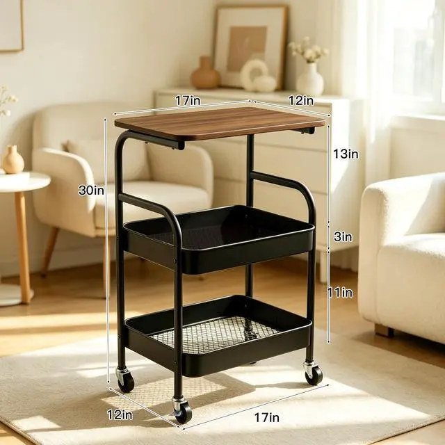 Alt view image 2 of 7 - 3 Tier Rolling Cart with Walnut Table Top, Sturdy Metal Storage Cart with Lockable Wheels, Multi-Purpose Mobile Shelf for Kitchen, Bedroom, Snacks, Coffee, Craft, Makeup, Garage (Black)