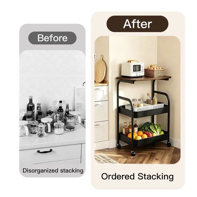 Alt view image 6 of 7 - 3 Tier Rolling Cart with Walnut Table Top, Sturdy Metal Storage Cart with Lockable Wheels, Multi-Purpose Mobile Shelf for Kitchen, Bedroom, Snacks, Coffee, Craft, Makeup, Garage (Black)