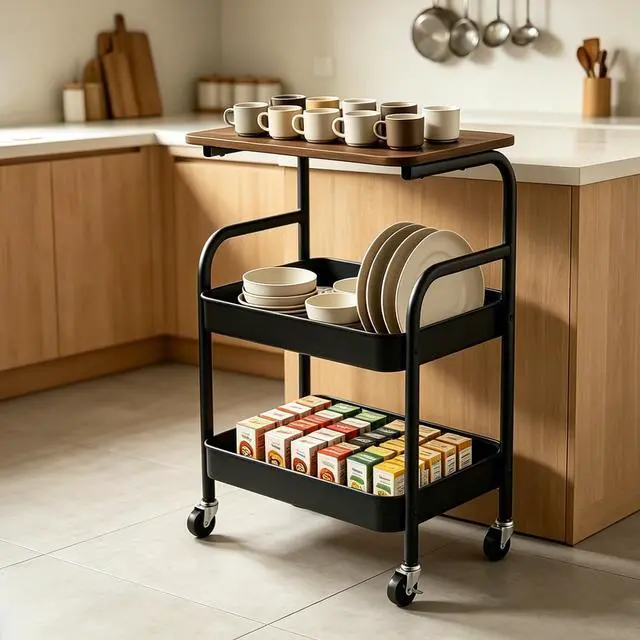 Alt view image 3 of 7 - 3 Tier Rolling Cart with Walnut Table Top, Sturdy Metal Storage Cart with Lockable Wheels, Multi-Purpose Mobile Shelf for Kitchen, Bedroom, Snacks, Coffee, Craft, Makeup, Garage (Black)