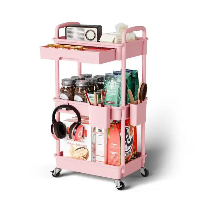 Main image of 3 Tier Rolling Cart Organizer,Laundry Room Bathroom Organizers and Storage Office Shelves Mobile Shelving Unit Kitchen Trolley Cart with Wheels for Art,Craft,Diaper,Bedside,Snack(Pink)