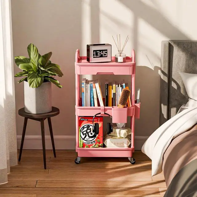 Alt view image 2 of 7 - 3 Tier Rolling Cart Organizer,Laundry Room Bathroom Organizers and Storage Office Shelves Mobile Shelving Unit Kitchen Trolley Cart with Wheels for Art,Craft,Diaper,Bedside,Snack(Pink)