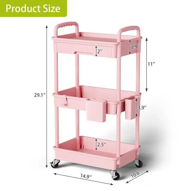 Alt view image 3 of 7 - 3 Tier Rolling Cart Organizer,Laundry Room Bathroom Organizers and Storage Office Shelves Mobile Shelving Unit Kitchen Trolley Cart with Wheels for Art,Craft,Diaper,Bedside,Snack(Pink)