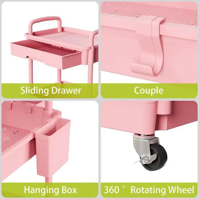 Alt view image 4 of 7 - 3 Tier Rolling Cart Organizer,Laundry Room Bathroom Organizers and Storage Office Shelves Mobile Shelving Unit Kitchen Trolley Cart with Wheels for Art,Craft,Diaper,Bedside,Snack(Pink)