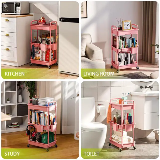 Alt view image 6 of 7 - 3 Tier Rolling Cart Organizer,Laundry Room Bathroom Organizers and Storage Office Shelves Mobile Shelving Unit Kitchen Trolley Cart with Wheels for Art,Craft,Diaper,Bedside,Snack(Pink)