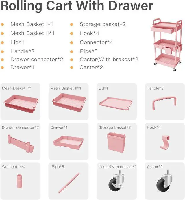 Alt view image 7 of 7 - 3 Tier Rolling Cart Organizer,Laundry Room Bathroom Organizers and Storage Office Shelves Mobile Shelving Unit Kitchen Trolley Cart with Wheels for Art,Craft,Diaper,Bedside,Snack(Pink)