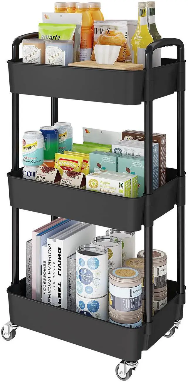 Main image of 3-Tier Storage Carts,Multifunction Utility Rolling Cart Kitchen Storage Organizer,Mobile Shelving Unit Cart with Lockable Wheels for Bathroom,Laundry,Living Room,With Classified Sticker,Black
