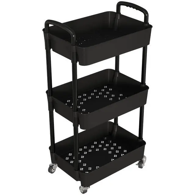 Alt view image 2 of 7 - 3-Tier Storage Carts,Multifunction Utility Rolling Cart Kitchen Storage Organizer,Mobile Shelving Unit Cart with Lockable Wheels for Bathroom,Laundry,Living Room,With Classified Sticker,Black