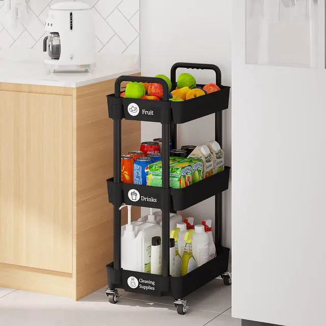 Alt view image 4 of 7 - 3-Tier Storage Carts,Multifunction Utility Rolling Cart Kitchen Storage Organizer,Mobile Shelving Unit Cart with Lockable Wheels for Bathroom,Laundry,Living Room,With Classified Sticker,Black