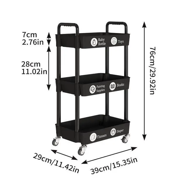 Alt view image 6 of 7 - 3-Tier Storage Carts,Multifunction Utility Rolling Cart Kitchen Storage Organizer,Mobile Shelving Unit Cart with Lockable Wheels for Bathroom,Laundry,Living Room,With Classified Sticker,Black