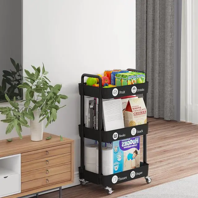 Alt view image 5 of 7 - 3-Tier Storage Carts,Multifunction Utility Rolling Cart Kitchen Storage Organizer,Mobile Shelving Unit Cart with Lockable Wheels for Bathroom,Laundry,Living Room,With Classified Sticker,Black