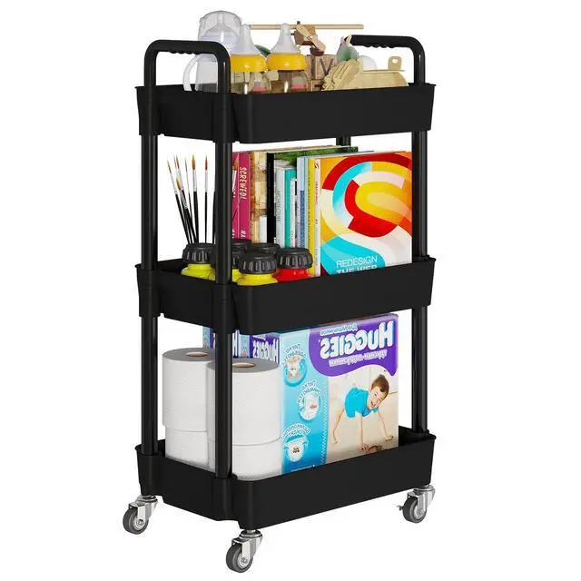 Alt view image 7 of 7 - 3-Tier Storage Carts,Multifunction Utility Rolling Cart Kitchen Storage Organizer,Mobile Shelving Unit Cart with Lockable Wheels for Bathroom,Laundry,Living Room,With Classified Sticker,Black