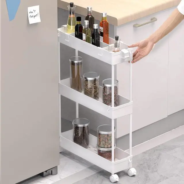 Alt view image 2 of 7 - Slim Storage Cart 3 Tier,Bathroom Organizer Rolling Utility, Mobile Shelving Unit Slide Out for Office, Kitchen, Laundry Room & Narrow Places,White