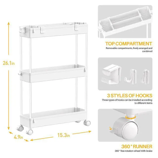 Alt view image 4 of 7 - Slim Storage Cart 3 Tier,Bathroom Organizer Rolling Utility, Mobile Shelving Unit Slide Out for Office, Kitchen, Laundry Room & Narrow Places,White