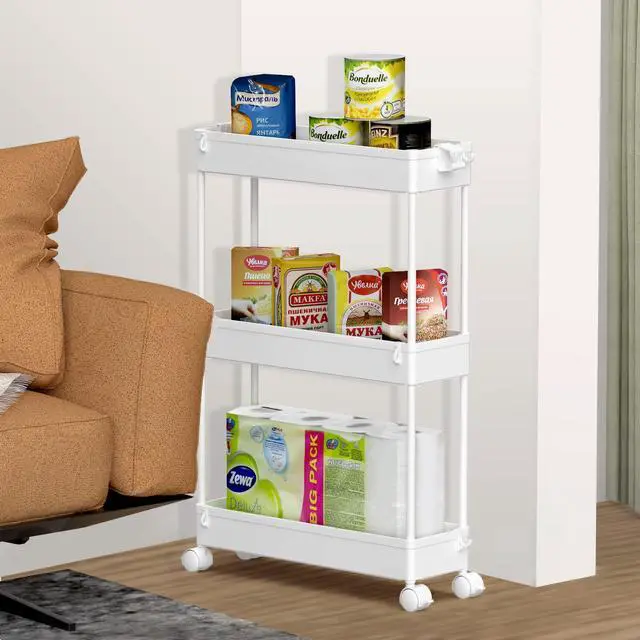 Alt view image 7 of 7 - Slim Storage Cart 3 Tier,Bathroom Organizer Rolling Utility, Mobile Shelving Unit Slide Out for Office, Kitchen, Laundry Room & Narrow Places,White