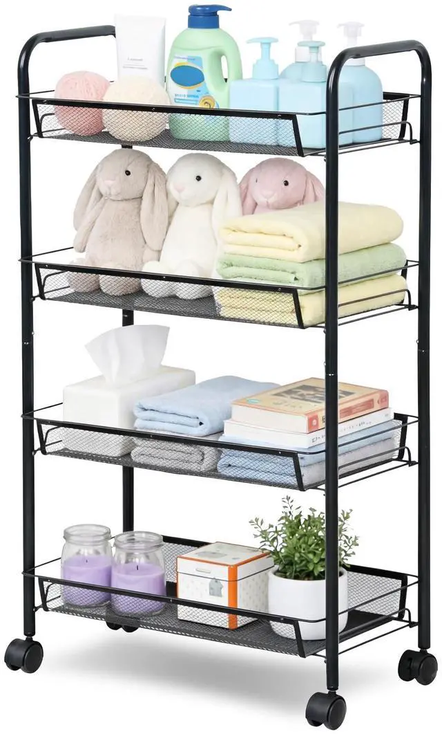 Main image of 4 Tier Rolling Cart, Small Metal Utility Cart with Wheels, Black | 10.2" Slim Width, Four Mesh Baskets, 15 lb Load Capacity per Basket, Tool-Free Assembly, Ideal for Bathroom & Snack Storage