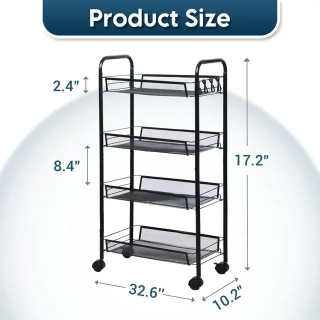 Alt view image 2 of 7 - 4 Tier Rolling Cart, Small Metal Utility Cart with Wheels, Black | 10.2" Slim Width, Four Mesh Baskets, 15 lb Load Capacity per Basket, Tool-Free Assembly, Ideal for Bathroom & Snack Storage