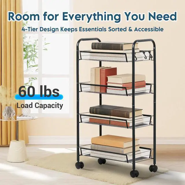 Alt view image 3 of 7 - 4 Tier Rolling Cart, Small Metal Utility Cart with Wheels, Black | 10.2" Slim Width, Four Mesh Baskets, 15 lb Load Capacity per Basket, Tool-Free Assembly, Ideal for Bathroom & Snack Storage