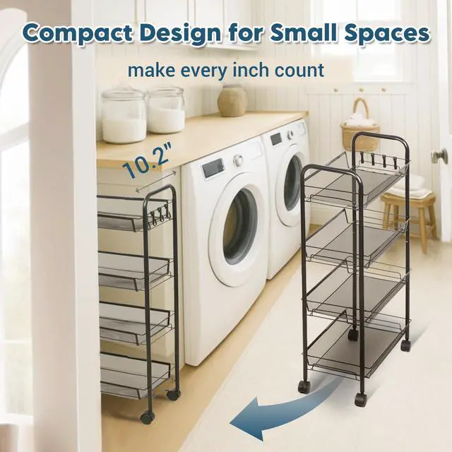 Alt view image 4 of 7 - 4 Tier Rolling Cart, Small Metal Utility Cart with Wheels, Black | 10.2" Slim Width, Four Mesh Baskets, 15 lb Load Capacity per Basket, Tool-Free Assembly, Ideal for Bathroom & Snack Storage