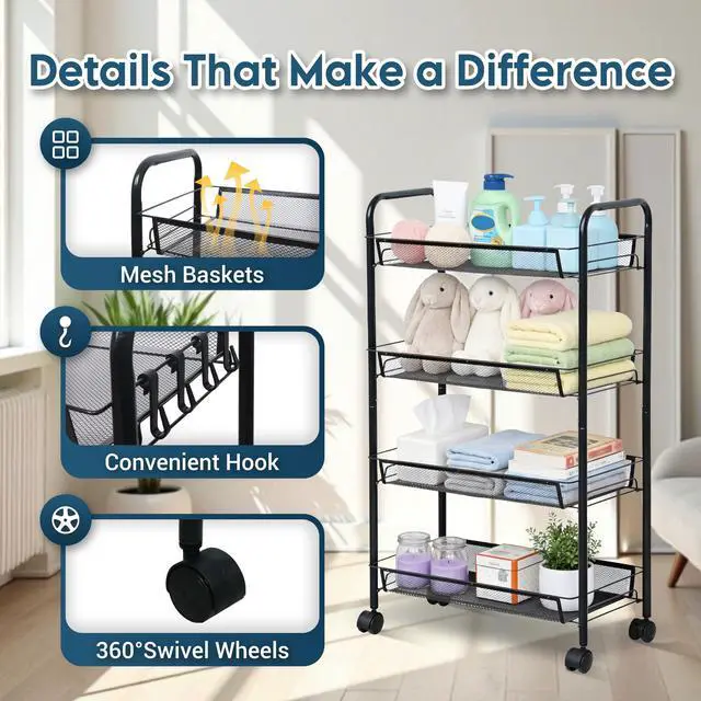 Alt view image 5 of 7 - 4 Tier Rolling Cart, Small Metal Utility Cart with Wheels, Black | 10.2" Slim Width, Four Mesh Baskets, 15 lb Load Capacity per Basket, Tool-Free Assembly, Ideal for Bathroom & Snack Storage