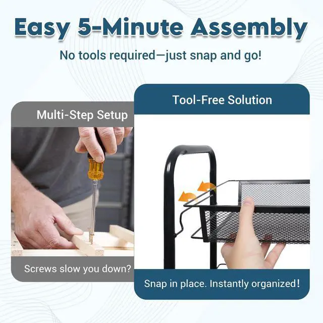Alt view image 6 of 7 - 4 Tier Rolling Cart, Small Metal Utility Cart with Wheels, Black | 10.2" Slim Width, Four Mesh Baskets, 15 lb Load Capacity per Basket, Tool-Free Assembly, Ideal for Bathroom & Snack Storage