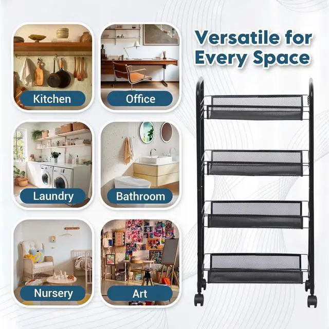 Alt view image 7 of 7 - 4 Tier Rolling Cart, Small Metal Utility Cart with Wheels, Black | 10.2" Slim Width, Four Mesh Baskets, 15 lb Load Capacity per Basket, Tool-Free Assembly, Ideal for Bathroom & Snack Storage