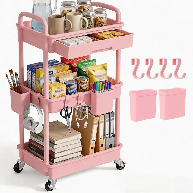 Main image of 3 Tier Rolling Utility Cart with Drawer, Plastic Storage Organizer Rolling Carts with Wheels Handles Hanging Cups Hooks for Office, Bathroom, Kitchen,Craft Art Room (Pink)
