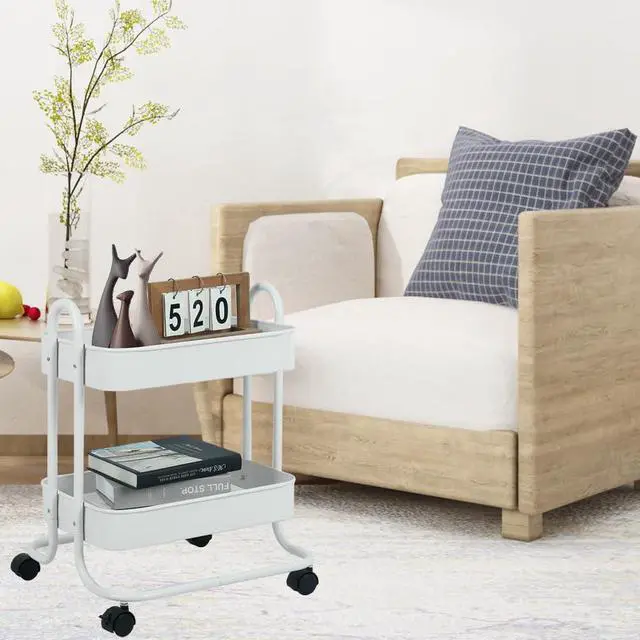 Alt view image 2 of 7 - 2 Tier Metal Mesh Utility Rolling Cart Storage Organizer with Lockable Wheels for Office Kitchen Living Room Laundry Bathroom White