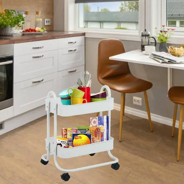 Alt view image 3 of 7 - 2 Tier Metal Mesh Utility Rolling Cart Storage Organizer with Lockable Wheels for Office Kitchen Living Room Laundry Bathroom White