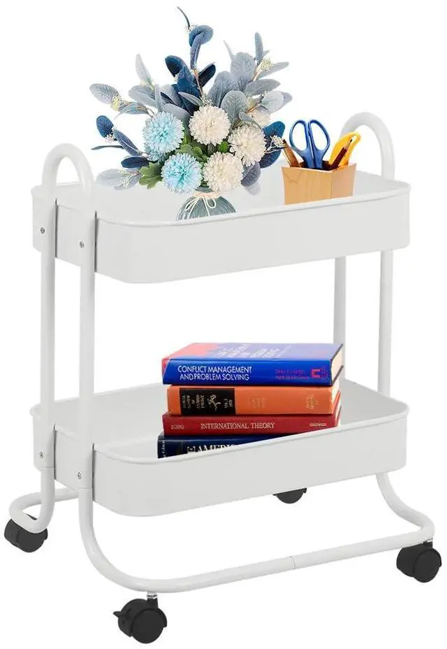 Main image of 2 Tier Metal Mesh Utility Rolling Cart Storage Organizer with Lockable Wheels for Office Kitchen Living Room Laundry Bathroom White