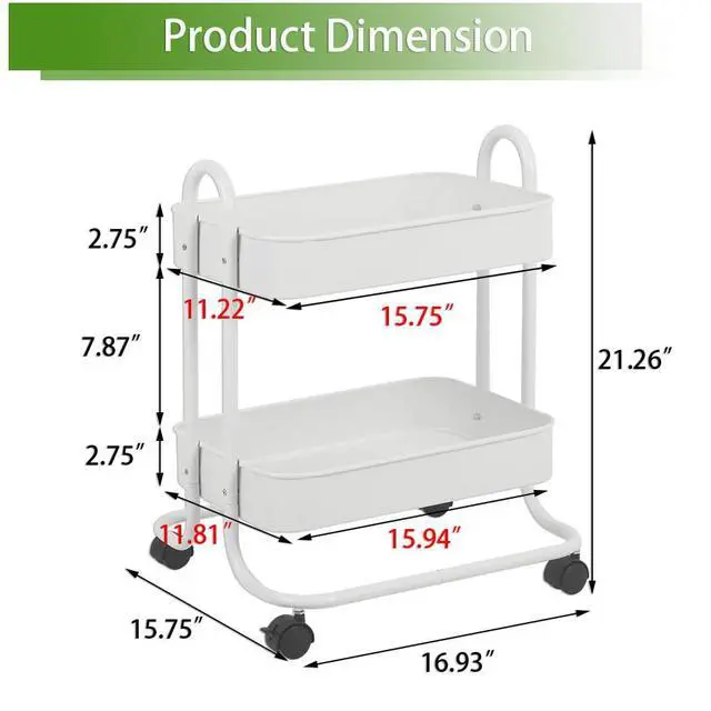 Alt view image 6 of 7 - 2 Tier Metal Mesh Utility Rolling Cart Storage Organizer with Lockable Wheels for Office Kitchen Living Room Laundry Bathroom White