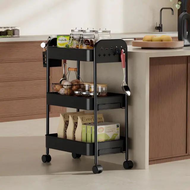 Alt view image 4 of 7 - Heavy-Duty Rolling Cart 3 Tier Metal Utility Storage Cart | with Casters, Hooks & Hanging Cups, Rolling Storage Organizer for Kitchen Office Craft Snack Book