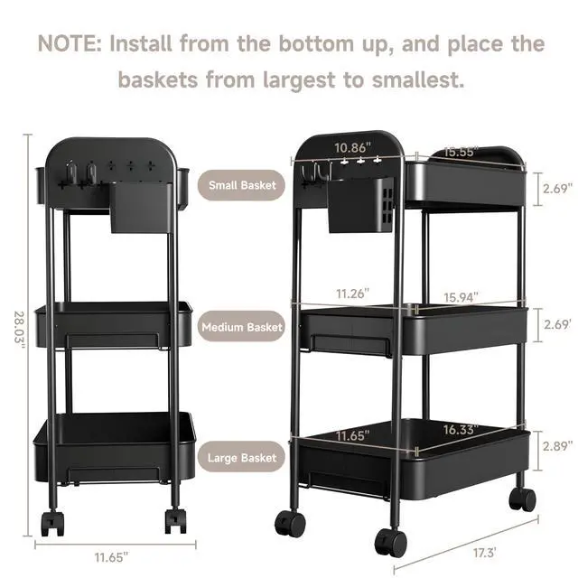 Alt view image 2 of 7 - Heavy-Duty Rolling Cart 3 Tier Metal Utility Storage Cart | with Casters, Hooks & Hanging Cups, Rolling Storage Organizer for Kitchen Office Craft Snack Book
